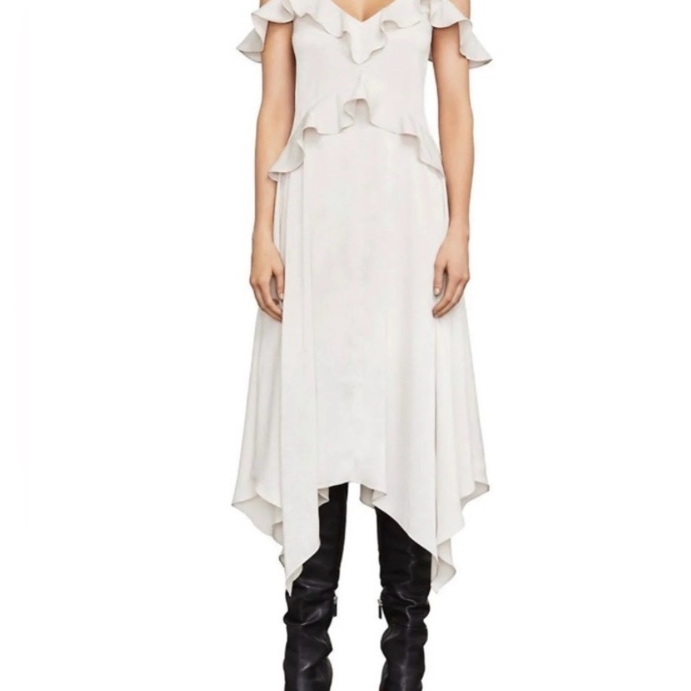 BCBGMaxAzria Cream Asymmetrical Ruffle Dress